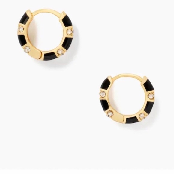 NWT Kate Spade Black & Gold with Dazzling Clear Stones Mini Hoop Earrings - Picture 6 of 7